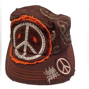 RainBow High Quality Head Wear Women’s Cap/Brown W/ Peace Sign Bling 100% Cotton